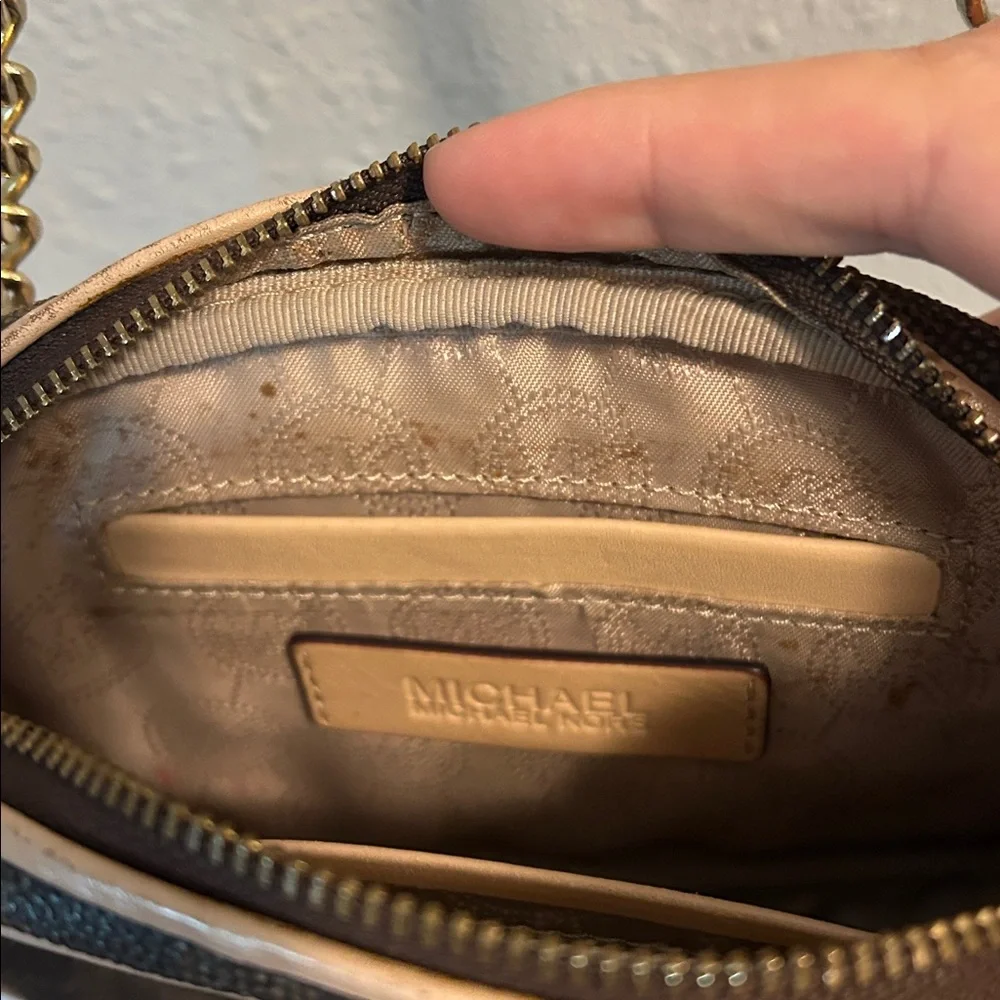 Michael Kors Brown Logo Crossbody with Gold Chain and Beige Trim